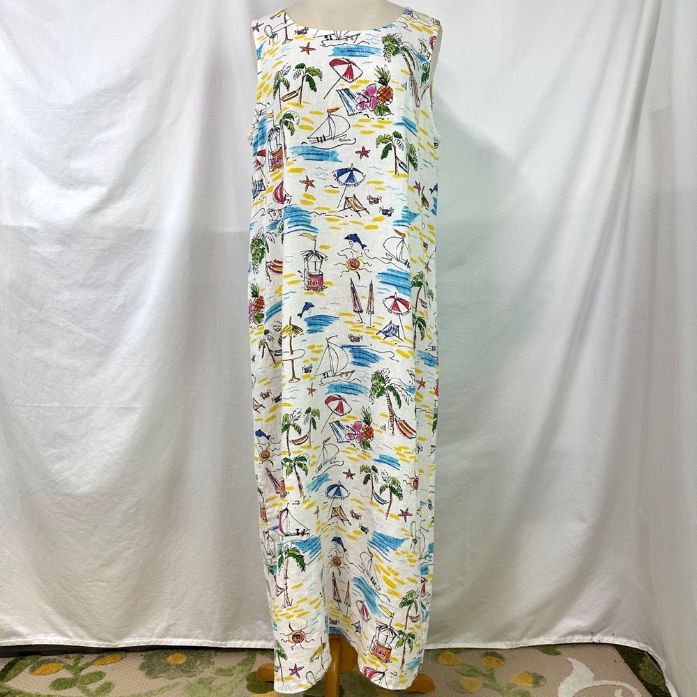 HOT‎ COTTON MARC WARE 100% Linen Tropical Beach Vacation Print Maxi Tank Dress L